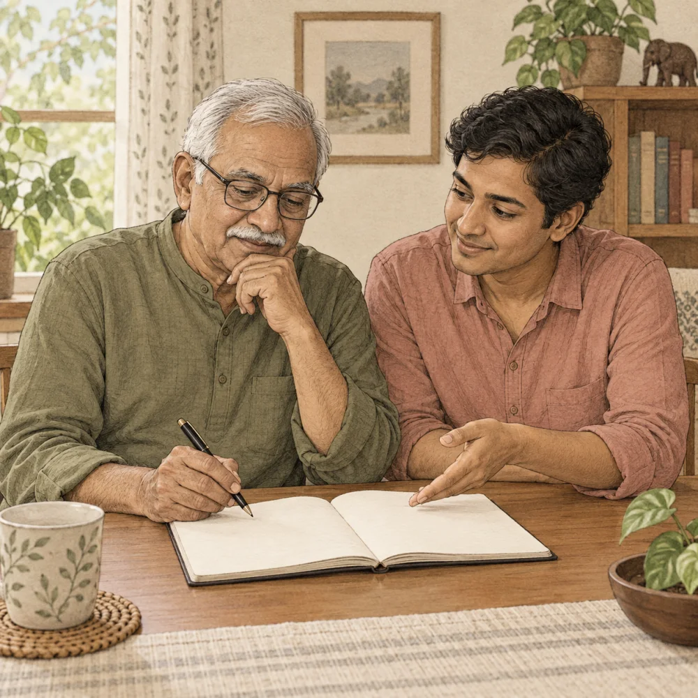 An older man and a younger family member prepare questions in a notebook.