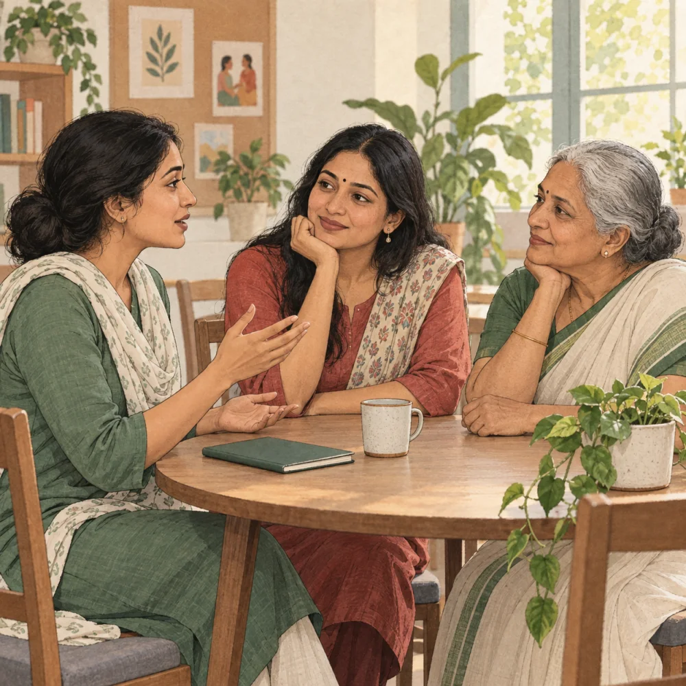 Three women sit together and talk at a table.
