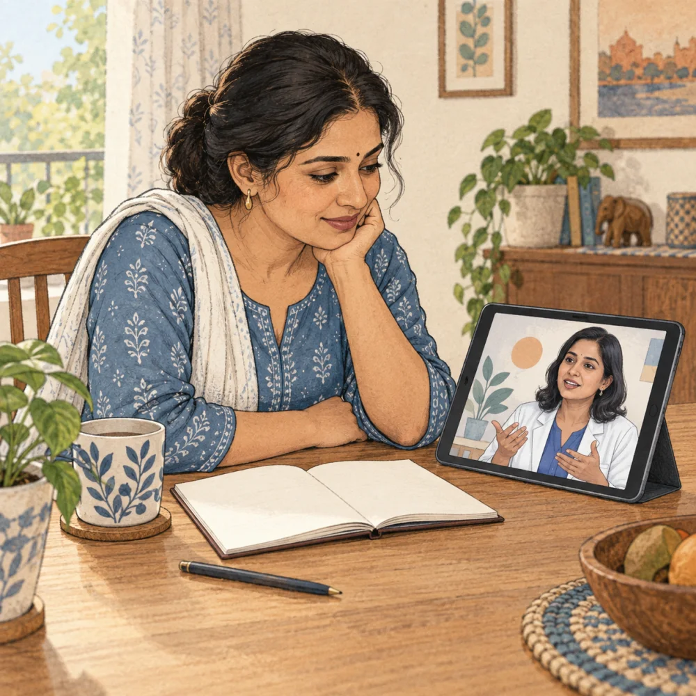 A woman listens to a Health Expert on a tablet with a notebook nearby.